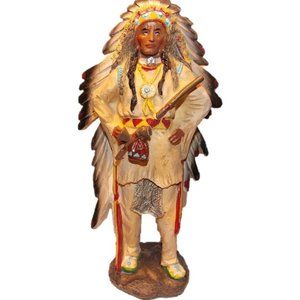 American Indian Feathered Chief Figurine Traditional Wear Native Statuette 9"